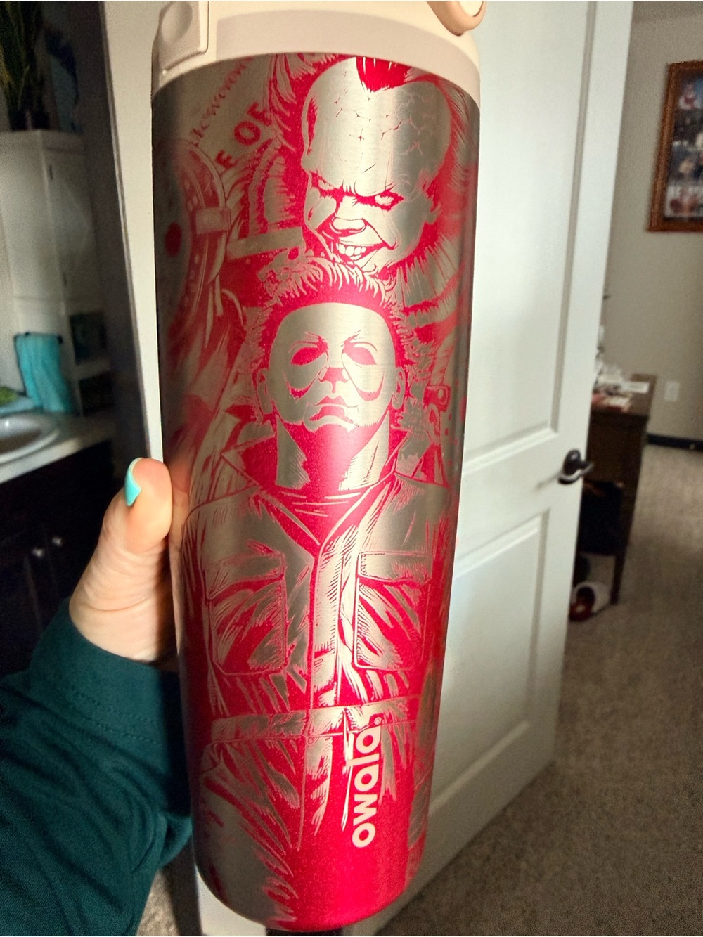 Owala Red Stainless Travel Tumbler with Horror Graphic
